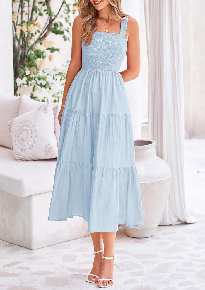 Smocked Ruffle A Line Long Flowy Sleeveless Beach Midi Dress