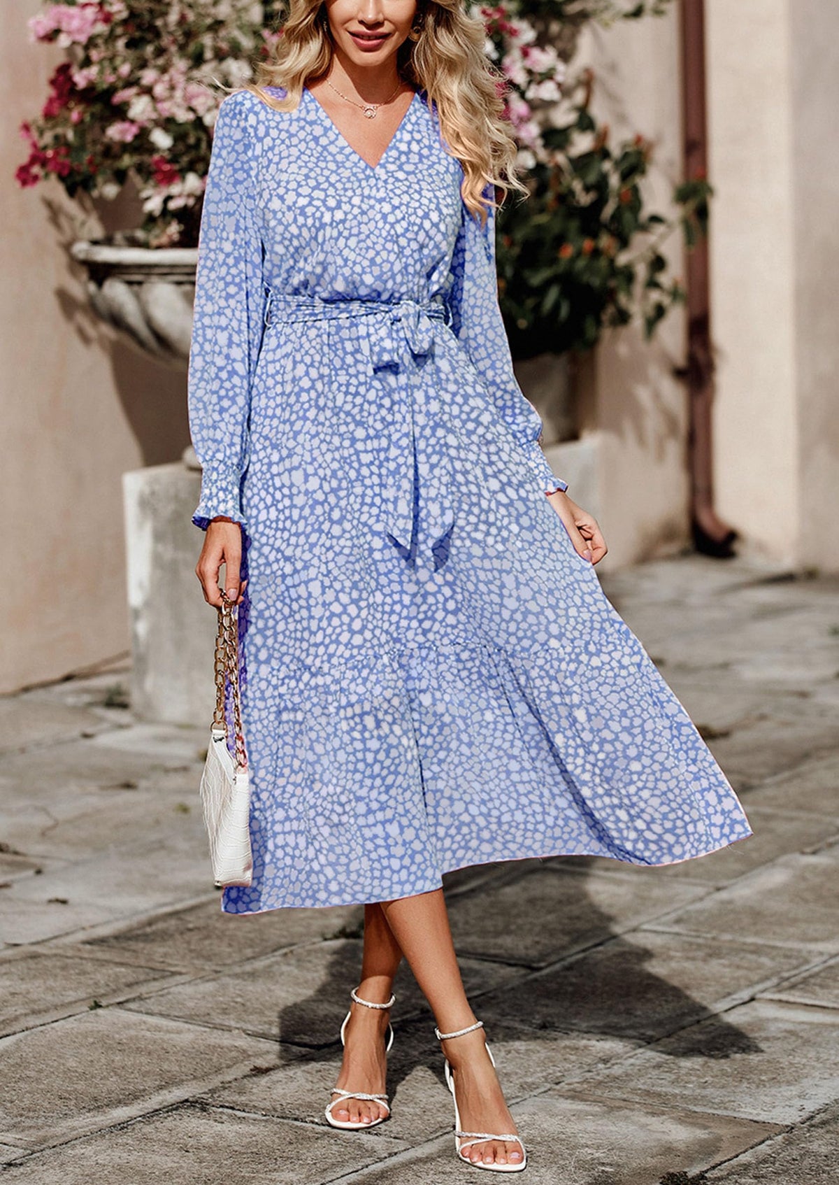 Long Sleeve V Neck Ruffle Belted Boho Dresses