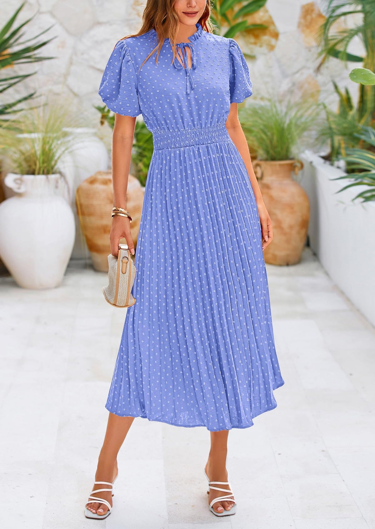 Swiss Dot Pleated A Line Casual Flowy Party Midi Dress