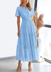 Short Sleeve V Neck Hollow Out Eyelet A Line Long Beach Maxi Dress