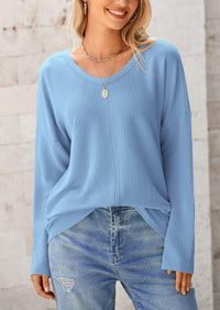Casual Long Sleeve Ribbed V Neck Loose Fit Blouses