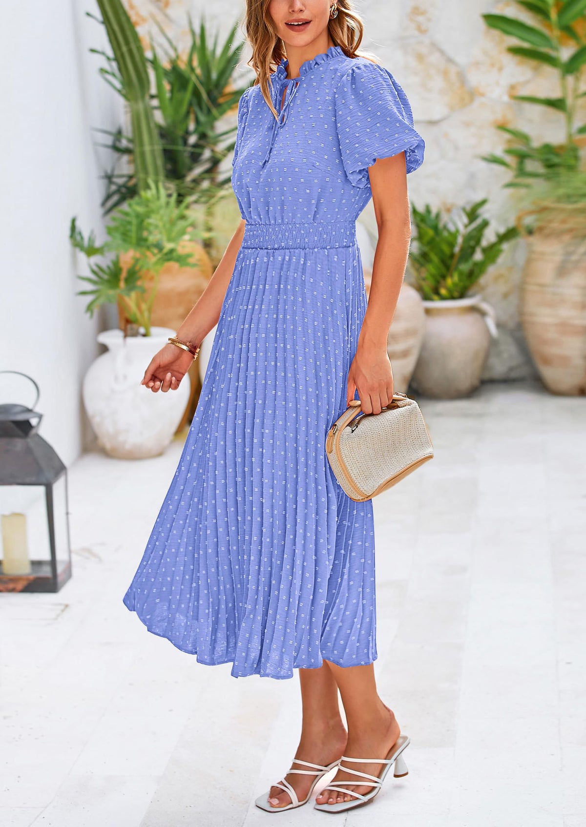 Swiss Dot Pleated A Line Casual Flowy Party Midi Dress