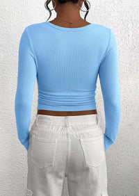 Long Sleeve Henley Button Down Ribbed Knit Slim Fit Casual T-shirts