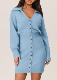 Long Sleeve V Neck Button Down Knit Pullover Sweater Dresses