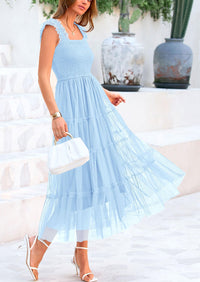 Casual Sleeveless Smocked Ruffle Tulle Flowy Beach Sundress