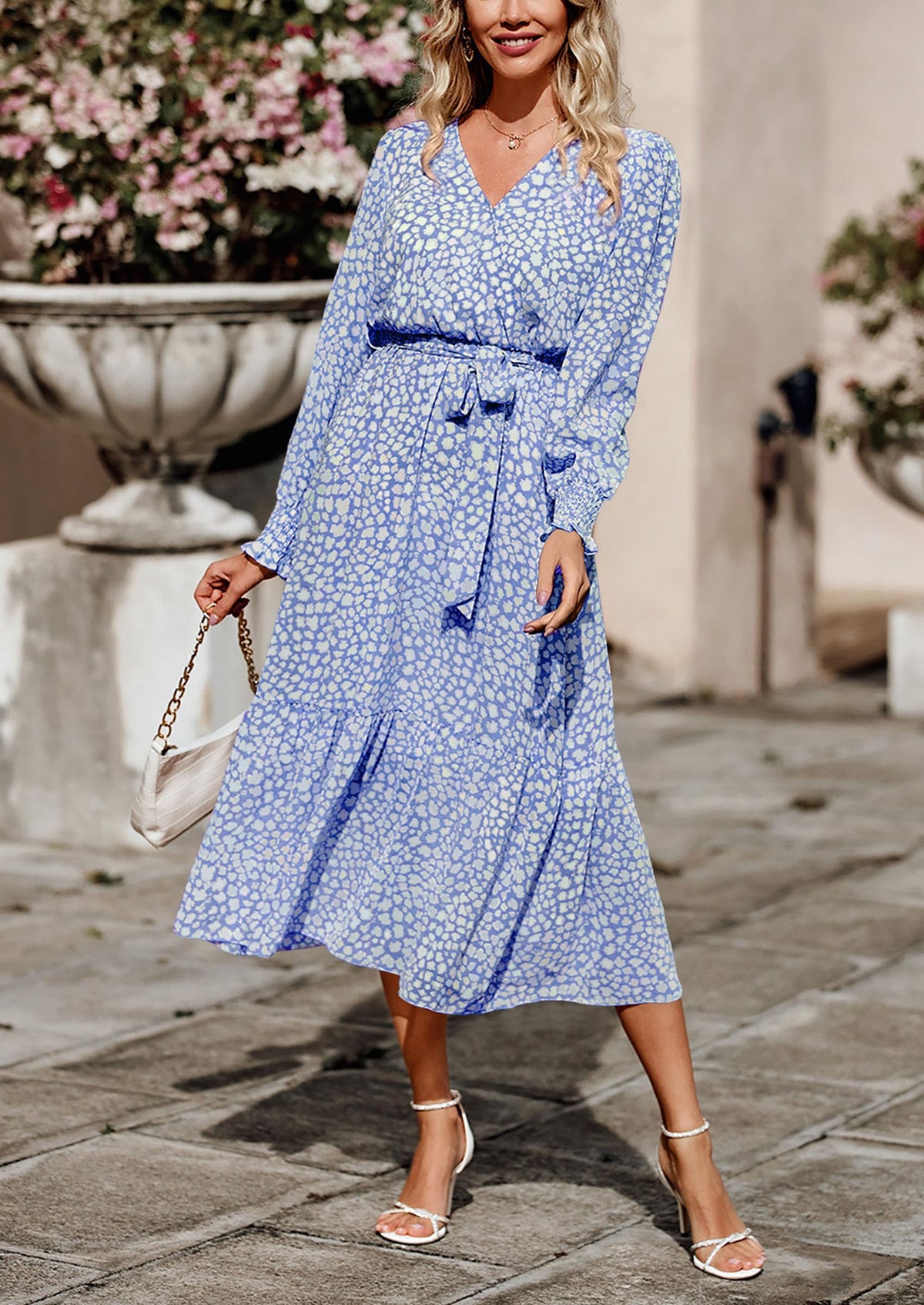Long Sleeve V Neck Ruffle Belted Boho Dresses