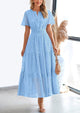 Short Sleeve V Neck Hollow Out Eyelet A Line Long Beach Maxi Dress