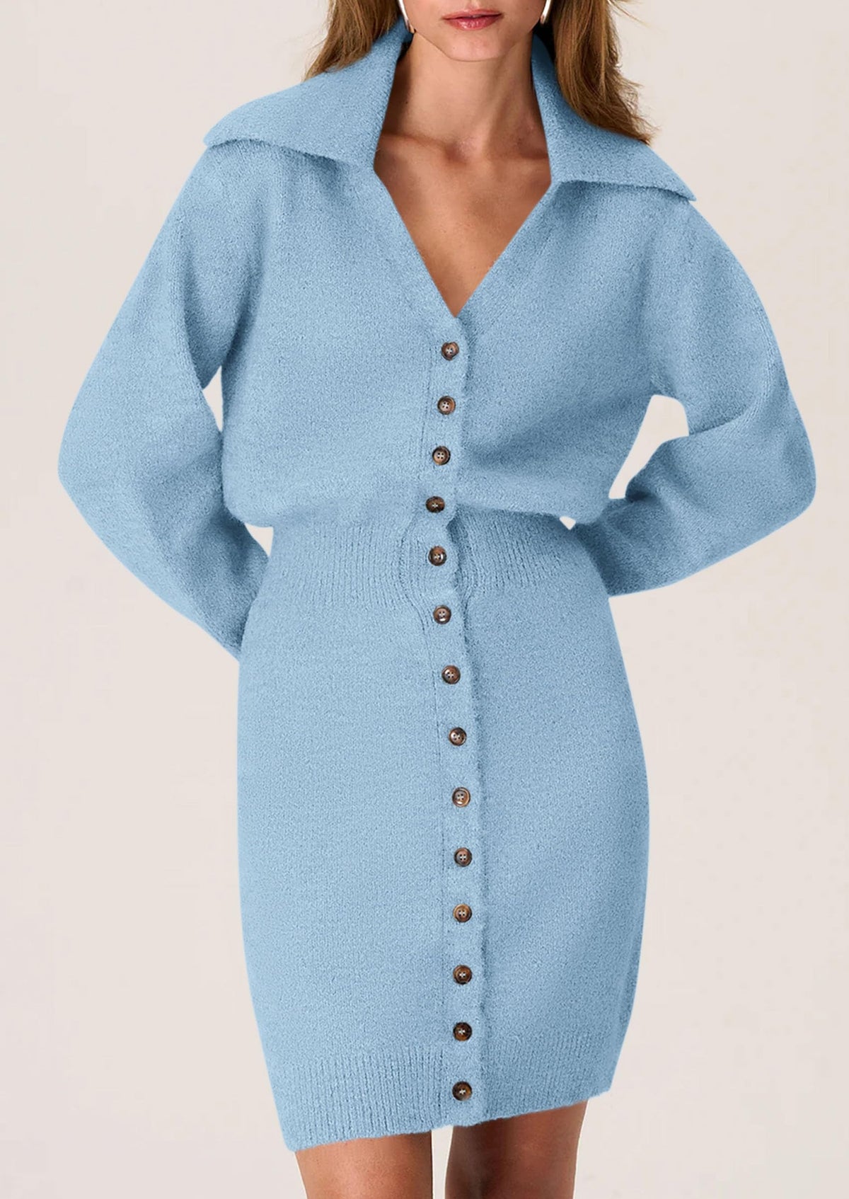 Long Sleeve V Neck Button Down Knit Pullover Sweater Dresses