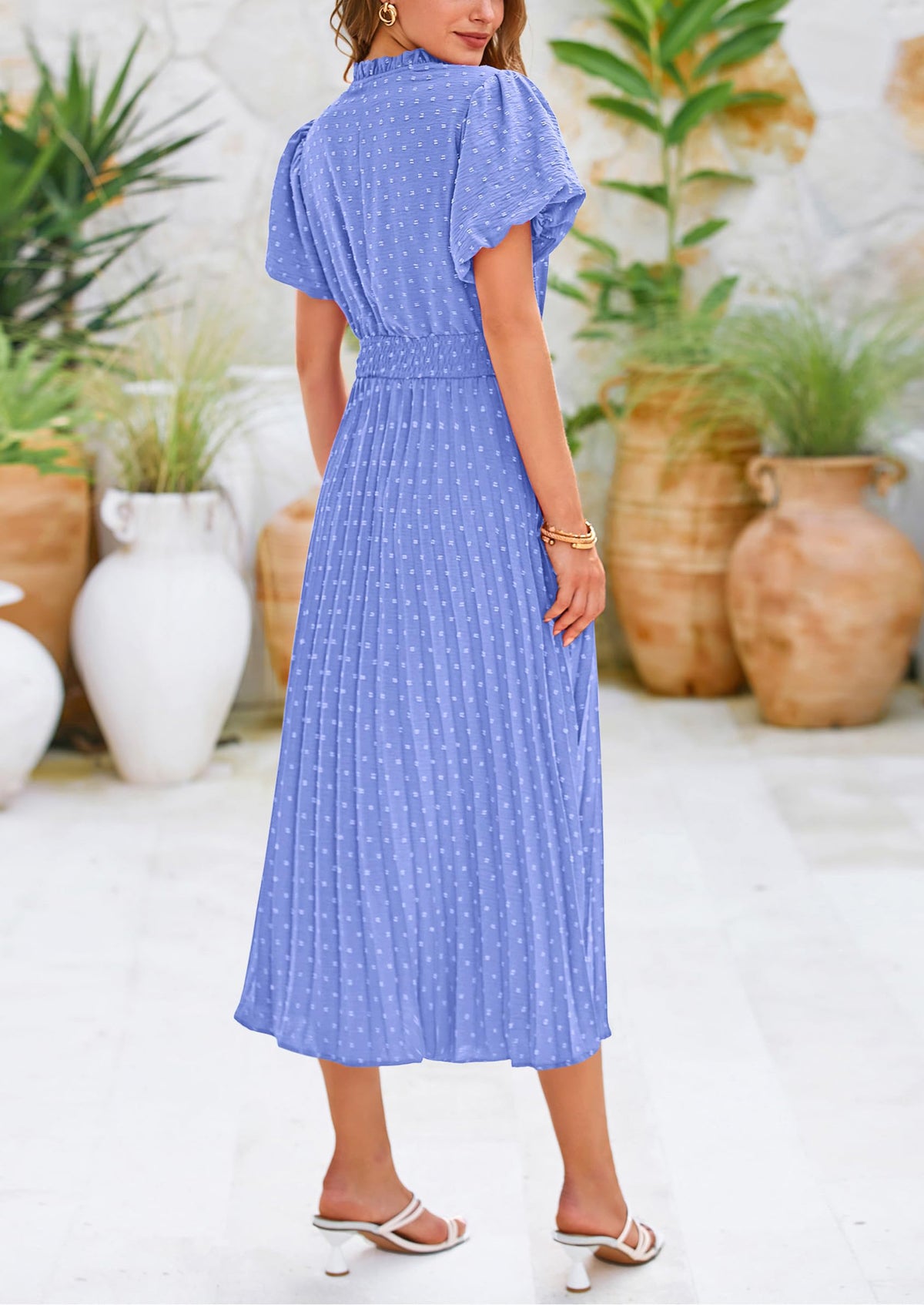 Swiss Dot Pleated A Line Casual Flowy Party Midi Dress