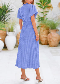 Swiss Dot Pleated A Line Casual Flowy Party Midi Dress