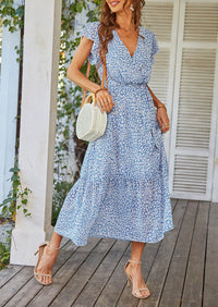 Floral Wrap V Neck Hem A-Line Bohemian Maxi Dresses