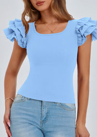 Ruffle Short Sleeve Casual Basic Fitted Crew Neck T-shirts