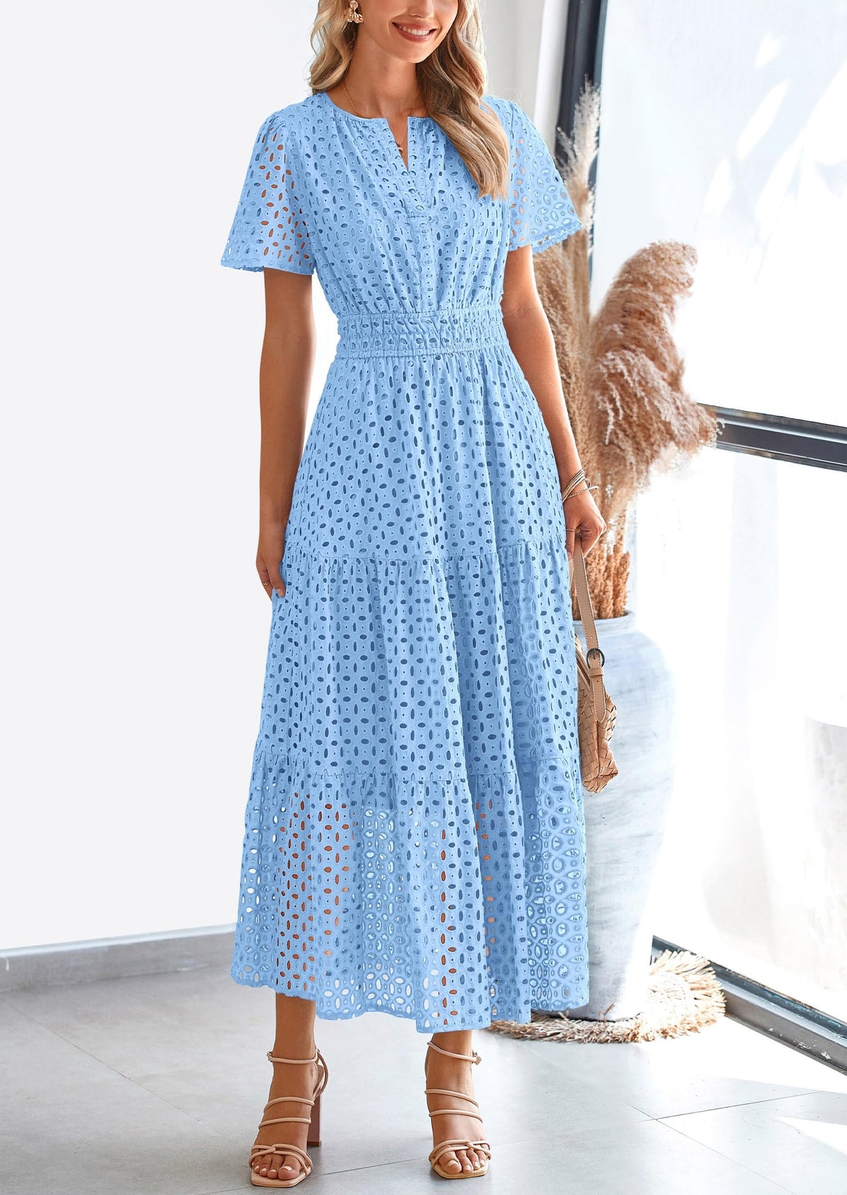 Short Sleeve V Neck Hollow Out Eyelet A Line Long Beach Maxi Dress