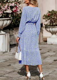 Long Sleeve V Neck Ruffle Belted Boho Dresses