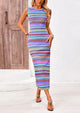 Sleeveless Crew Neck Striped Side Slit Bodycon Casual Maxi Dresses