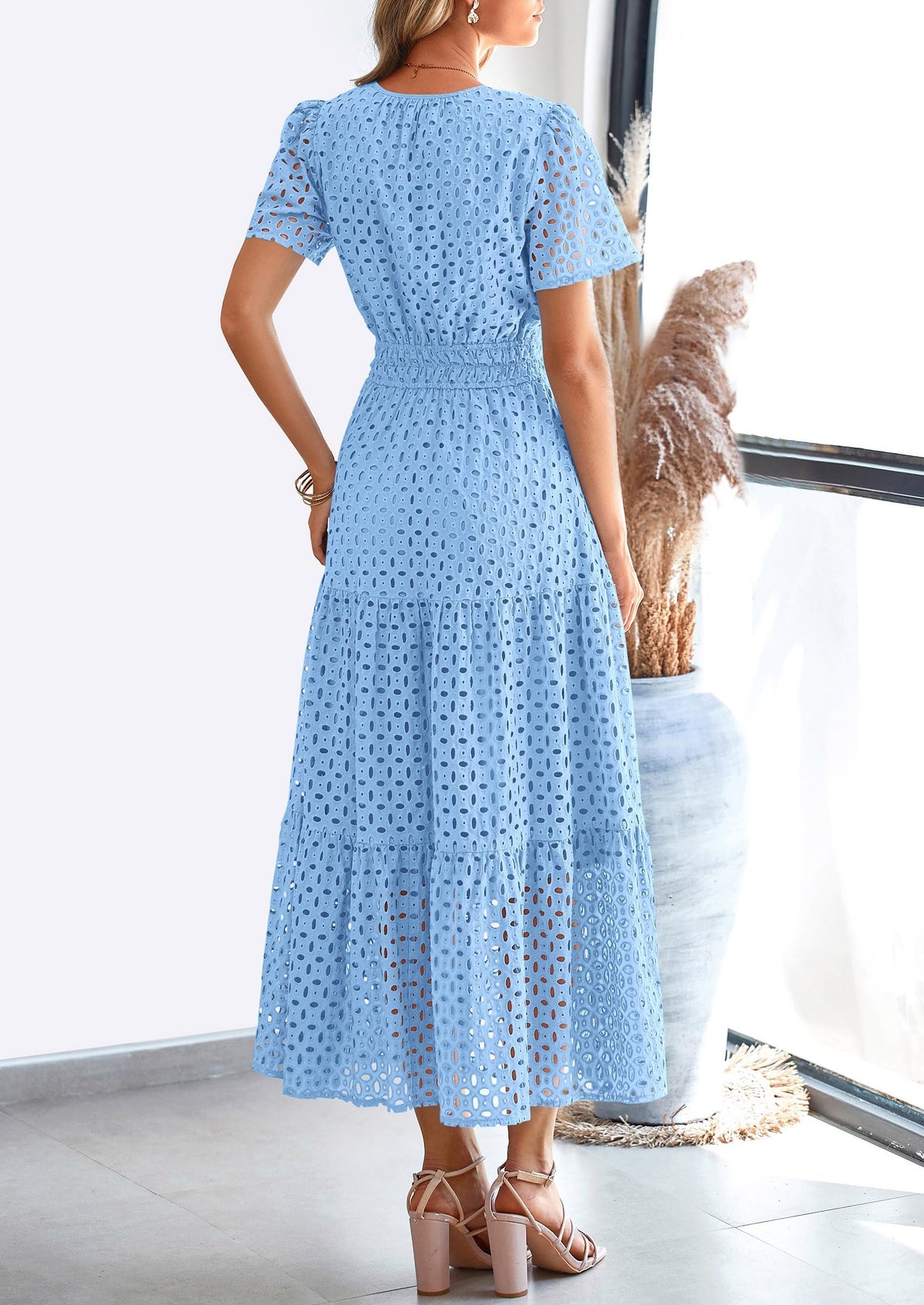 Short Sleeve V Neck Hollow Out Eyelet A Line Long Beach Maxi Dress