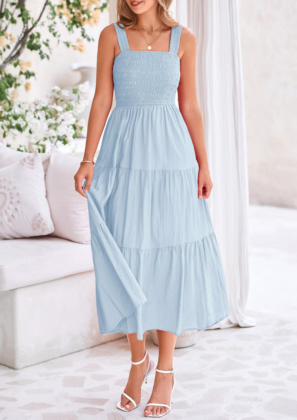 Smocked Ruffle A Line Long Flowy Sleeveless Beach Midi Dress