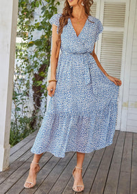 Floral Wrap V Neck Hem A-Line Bohemian Maxi Dresses