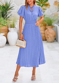 Swiss Dot Pleated A Line Casual Flowy Party Midi Dress