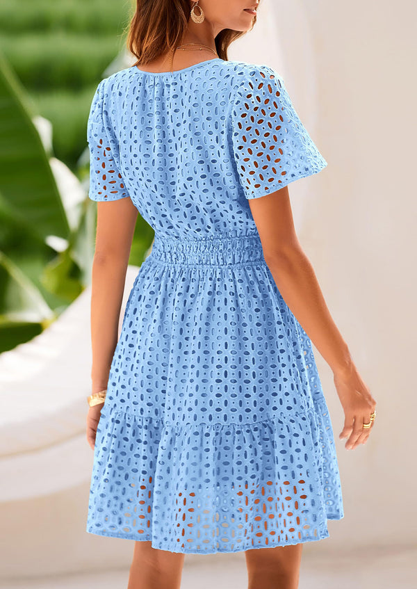 V Neck Short Sleeve A Line Hollow Out Lace Ruffle Casual Beach Party Mini Dresses