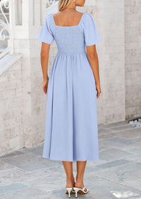 Casual Short Sleeve Bow Tie V Neck Ruffle Flowy Midi Dresses