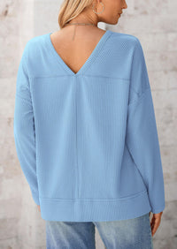 Casual Long Sleeve Ribbed V Neck Loose Fit Blouses