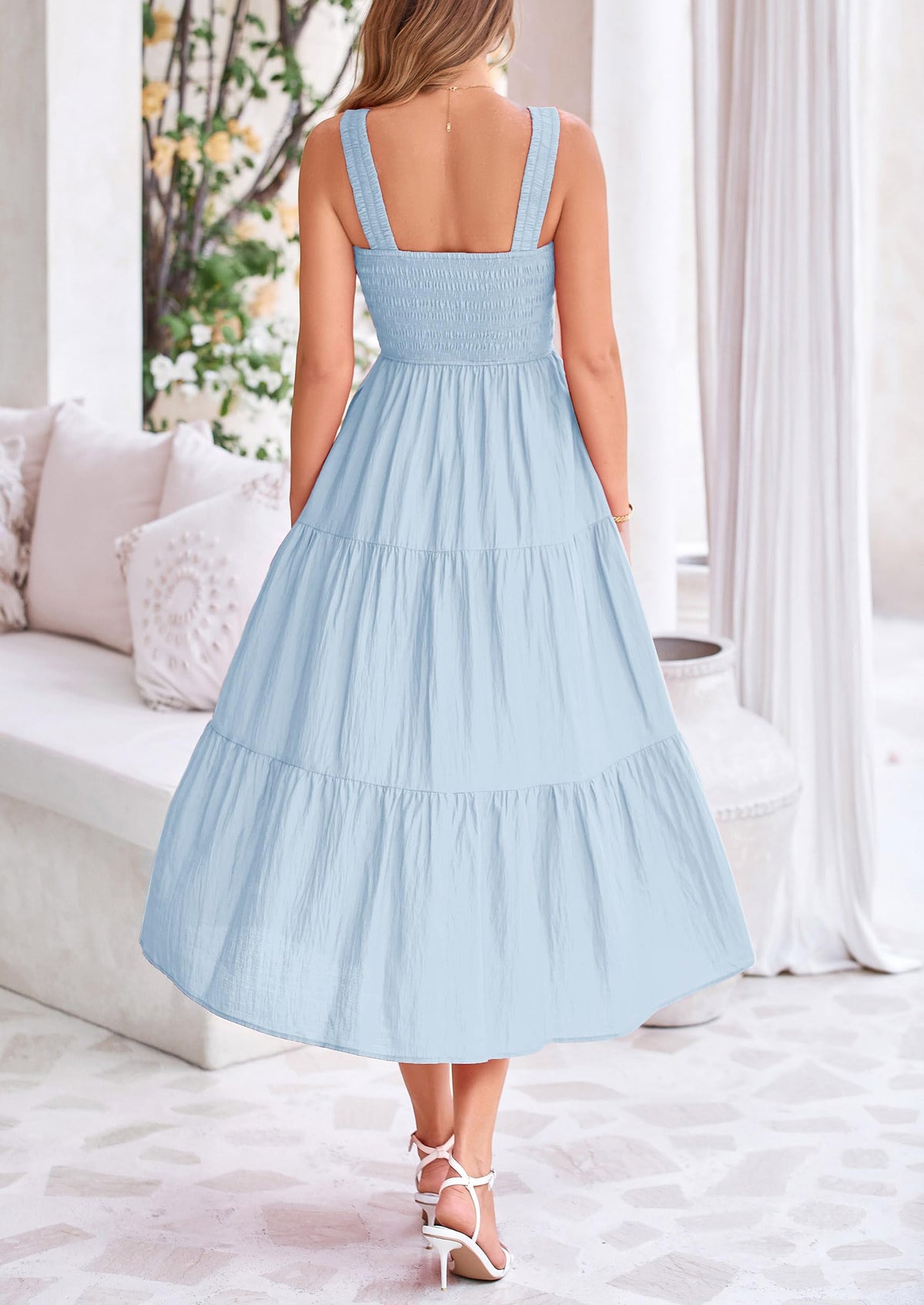 Smocked Ruffle A Line Long Flowy Sleeveless Beach Midi Dress
