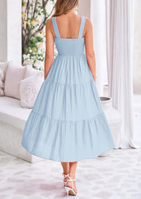 Smocked Ruffle A Line Long Flowy Sleeveless Beach Midi Dress