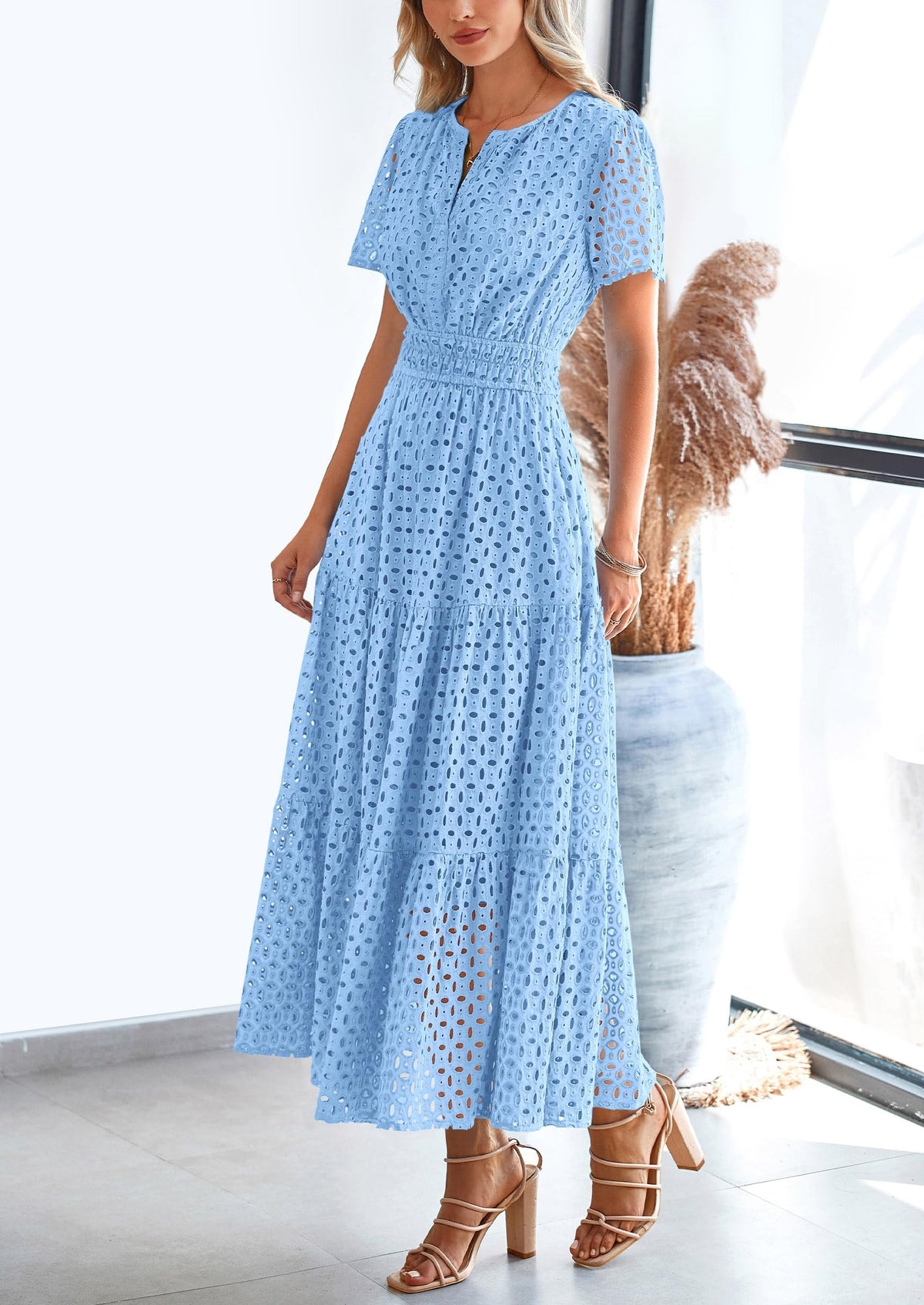 Short Sleeve V Neck Hollow Out Eyelet A Line Long Beach Maxi Dress