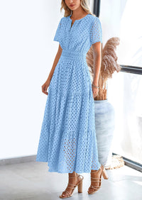 Short Sleeve V Neck Hollow Out Eyelet A Line Long Beach Maxi Dress