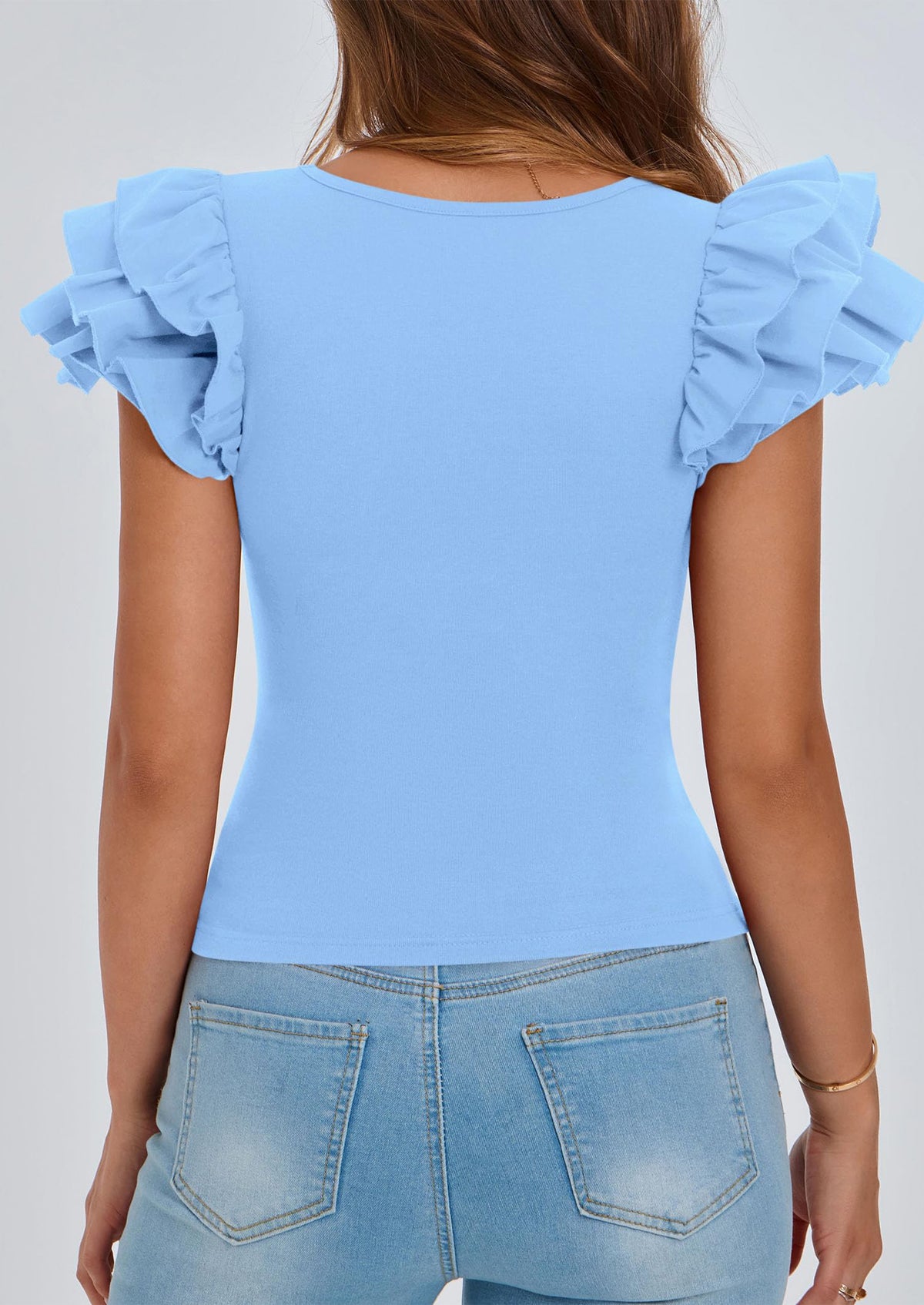 Ruffle Short Sleeve Casual Basic Fitted Crew Neck T-shirts