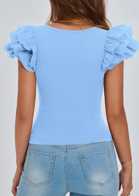 Ruffle Short Sleeve Casual Basic Fitted Crew Neck T-shirts