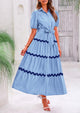 Button Down Puff Short Sleeve Ruffle Flowy Maxi Shirt Dresses With Belt