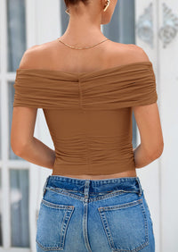 Off The Shoulder Short Sleeve Ruched Slim Fit Y2K Going Out Blouses