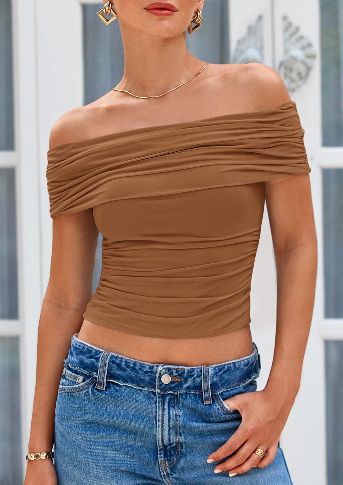 Off The Shoulder Short Sleeve Ruched Slim Fit Y2K Going Out Blouses