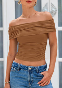 Off The Shoulder Short Sleeve Ruched Slim Fit Y2K Going Out Blouses