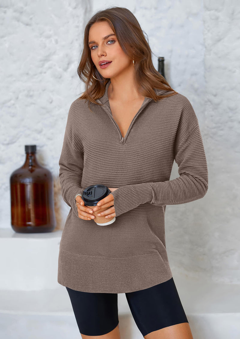 PRETTYGARDEN Womens Long Sleeve Quarter Zip Pullover Sweater Casual Loose V Neck Collared Ribbed Knit Jumper Tops Thumb Hole
