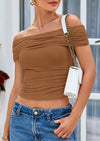 PRETTYGARDEN Summer Tops for Women Off Shoulder Short Sleeve Ruched Slim Fit Shirts Blouses Y2K Going Out Top