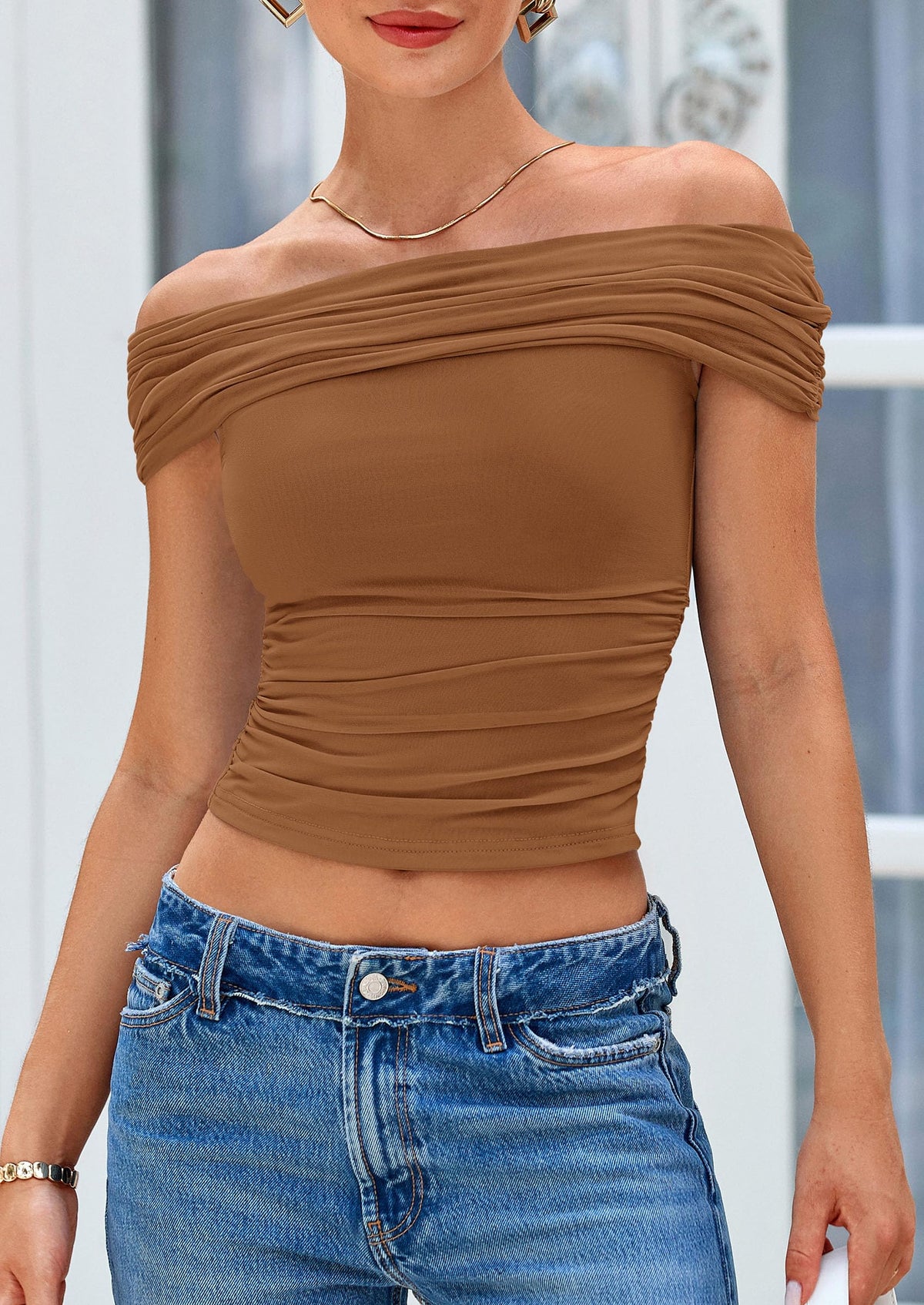 Off The Shoulder Short Sleeve Ruched Slim Fit Y2K Going Out Blouses