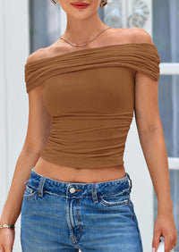 Off The Shoulder Short Sleeve Ruched Slim Fit Y2K Going Out Blouses