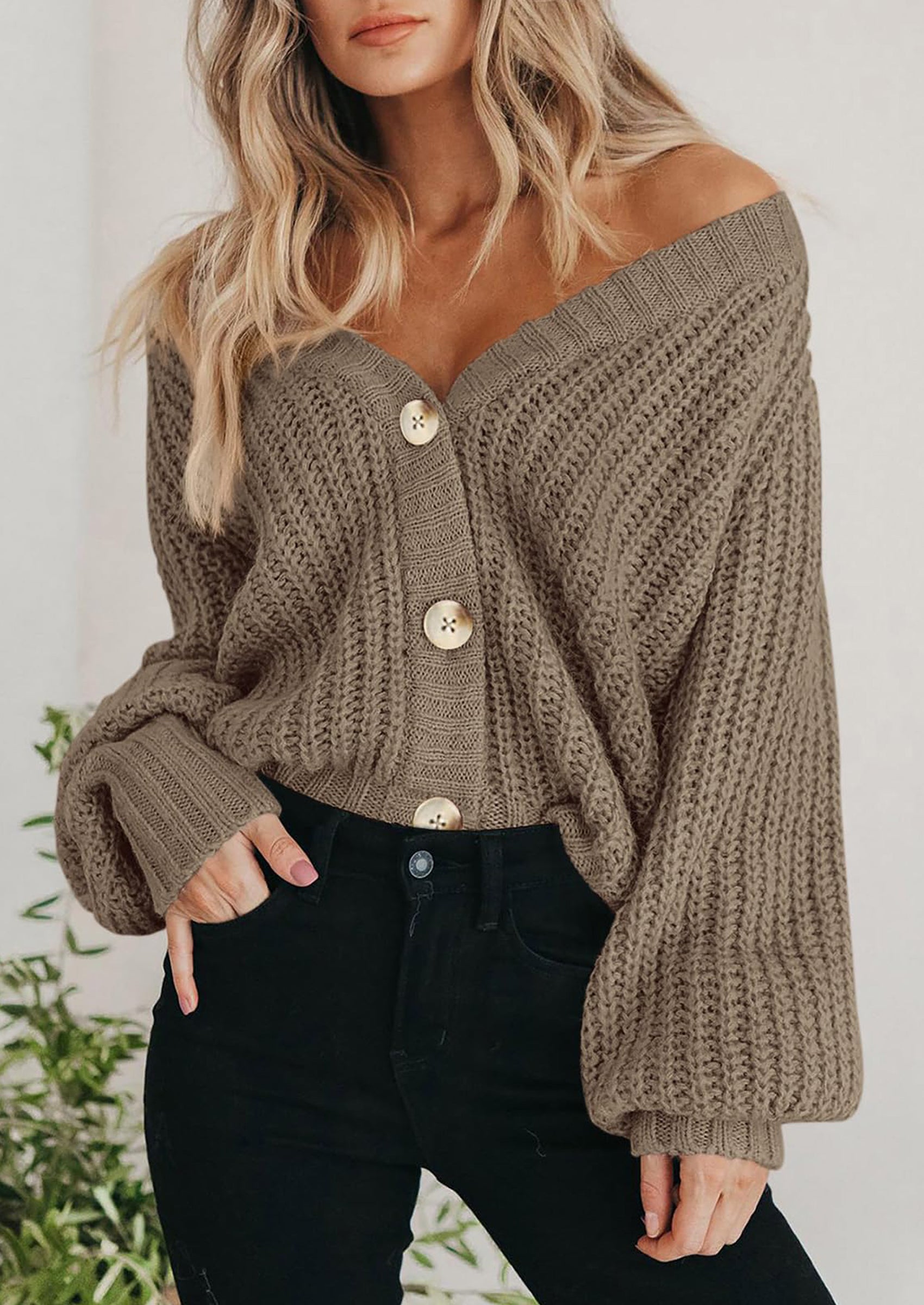 PRETTYGARDEN Women's Chunky Knit Open Front Sweater Long Sleeve Button Loose Short Cardigan Outerwear Coats