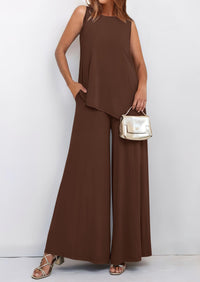 Asymmetrical Split Tank Tops Wide Leg Pants  Two Piece Sets