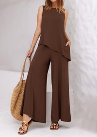 Asymmetrical Split Tank Tops Wide Leg Pants  Two Piece Sets