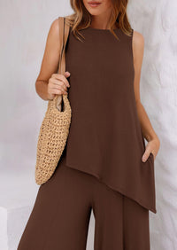 Asymmetrical Split Tank Tops Wide Leg Pants  Two Piece Sets