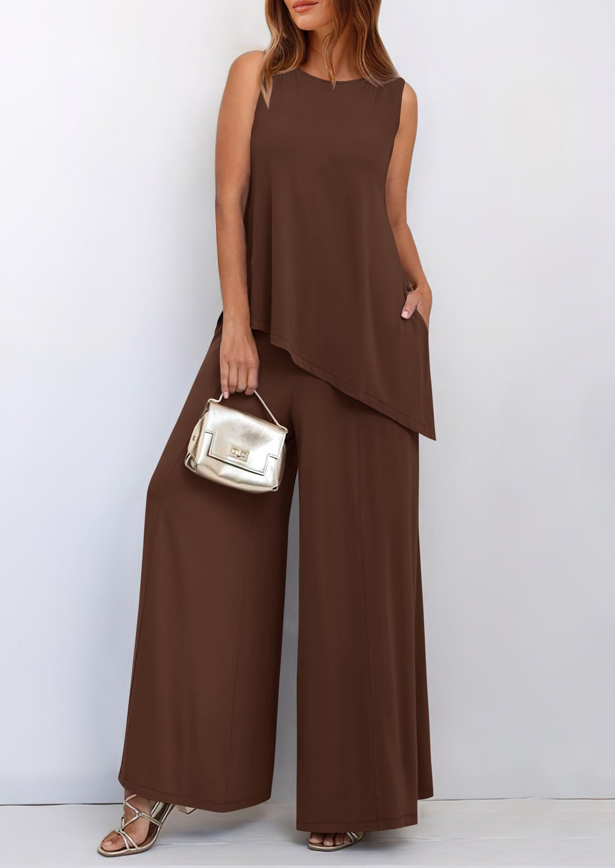 Asymmetrical Split Tank Tops Wide Leg Pants  Two Piece Sets