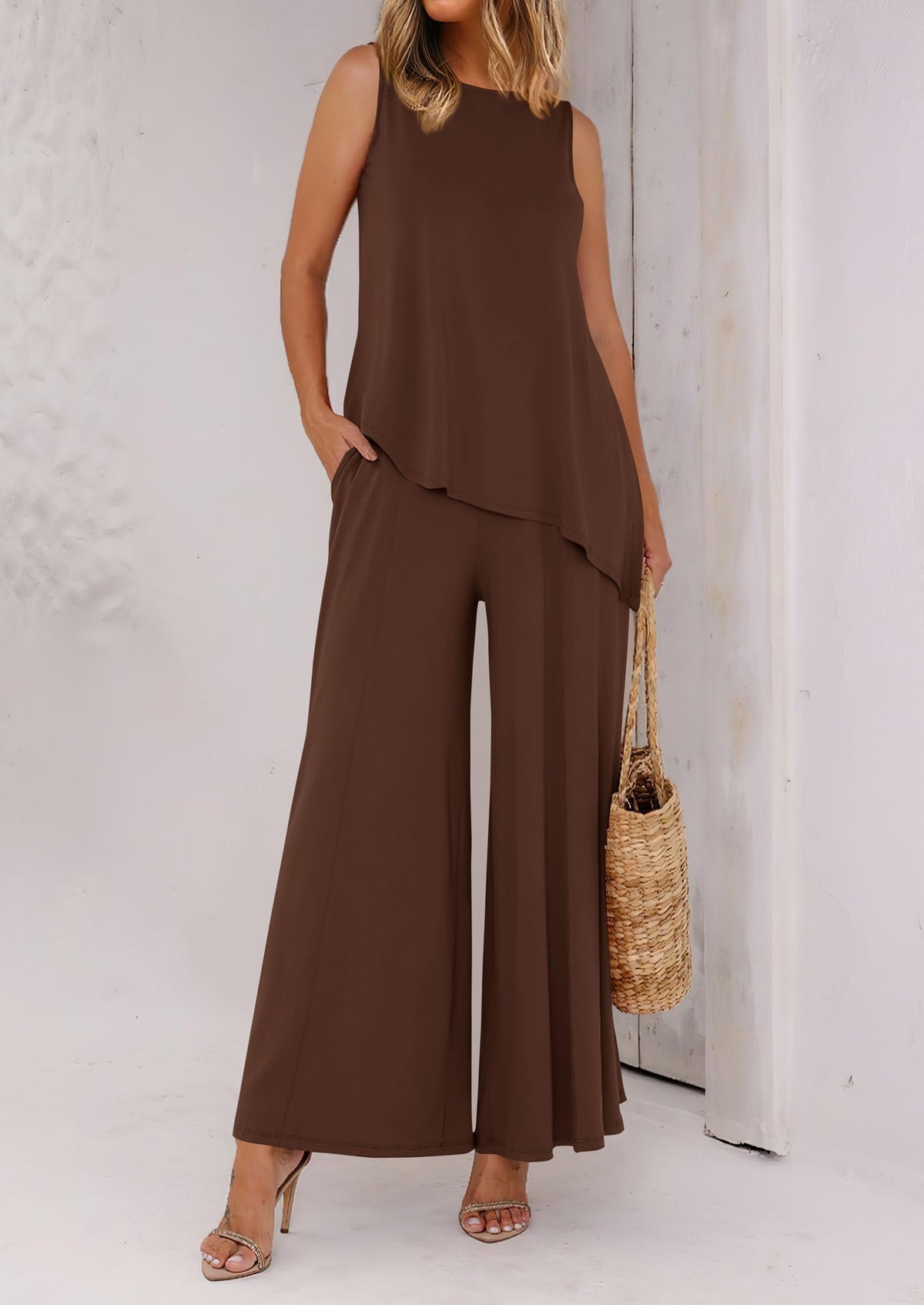 Asymmetrical Split Tank Tops Wide Leg Pants  Two Piece Sets