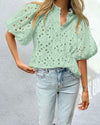 PRETTYGARDEN Women's Summer Short Sleeve Tops 2025 Dressy Casual Buttons V Neck Hollow Out Lace Embroidered Blouses Shirts