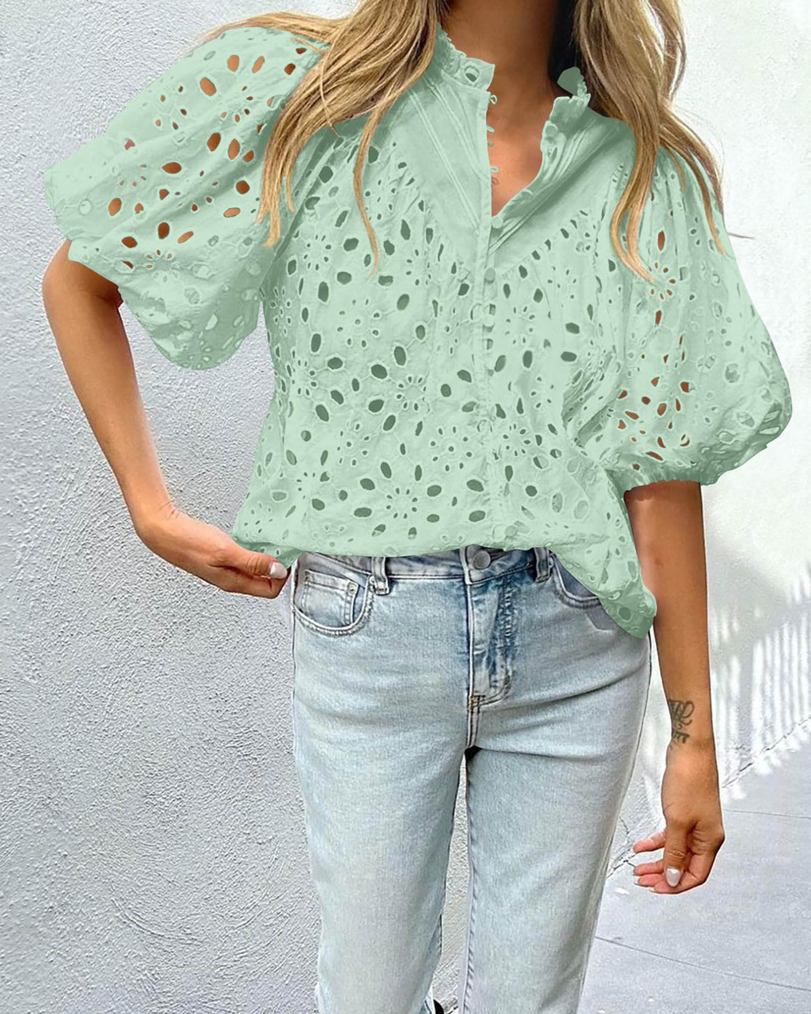 PRETTYGARDEN Women's Summer Short Sleeve Tops 2025 Dressy Casual Buttons V Neck Hollow Out Lace Embroidered Blouses Shirts