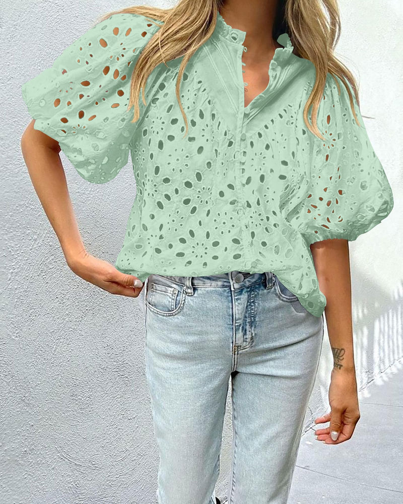 PRETTYGARDEN Women's Summer Short Sleeve Tops 2025 Dressy Casual Buttons V Neck Hollow Out Lace Embroidered Blouses Shirts