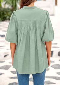 Lantern Sleeve Loose Fit Button Down Casual Pleated V Neck Blouses